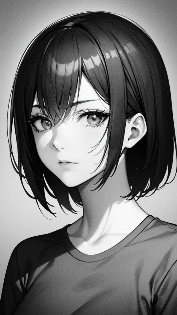 1 woman, alone, monochrome, grayscale, black short hair, portrait, t-shirt, closed mouth, looking at viewer, sketch, graphite \(middle\), small lips, hatching \(group\), Without makeup, upper body, (best illustration), (best quality), (very detailed), (masterpiece), forehead, Woman in her 20s, small eyes,