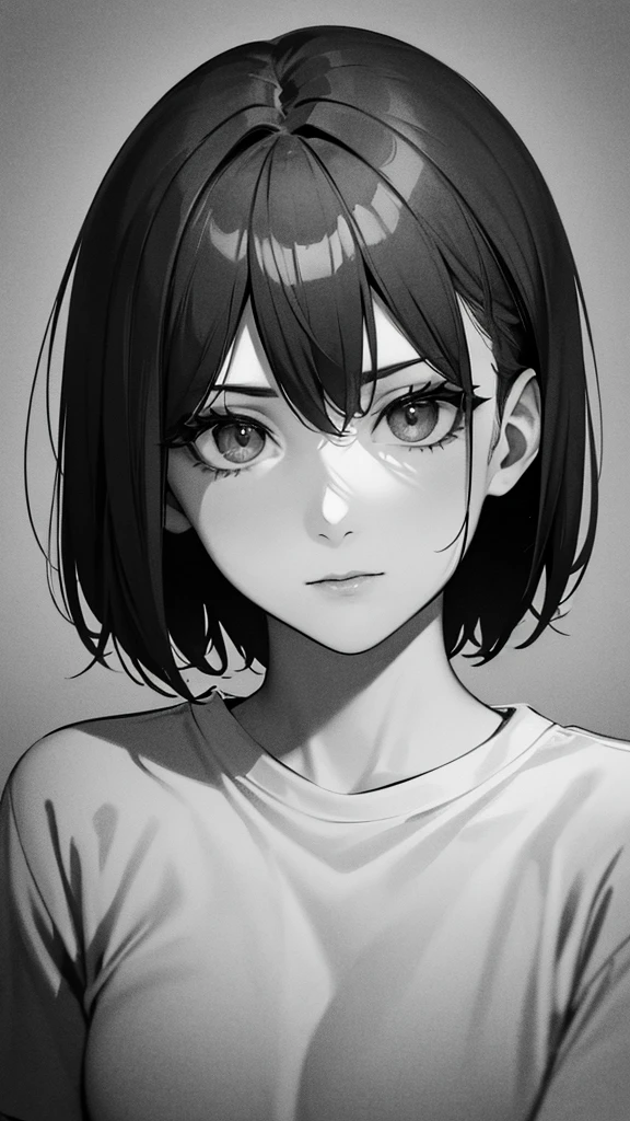 1 woman, alone, monochrome, grayscale, black short hair, portrait, t-shirt, closed mouth, looking at viewer, sketch, graphite \(middle\), small lips, hatching \(group\), Without makeup, upper body, (best illustration), (best quality), (very detailed), (masterpiece), forehead, Woman in her 20s, small eyes, 