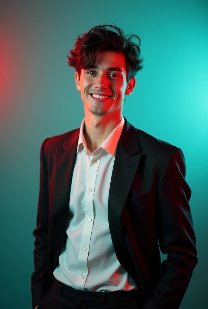 A young man with dark hair and a confident smile. He is dressed in a black blazer over a white shirt. The man is positioned against aqua colour backdrop with a subtle red lighting on the left side. and he posing for Linkedin profile