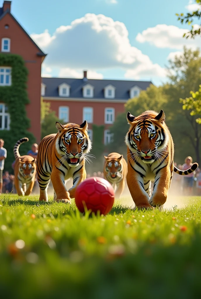 Make a group of tigers playing ball on a college field