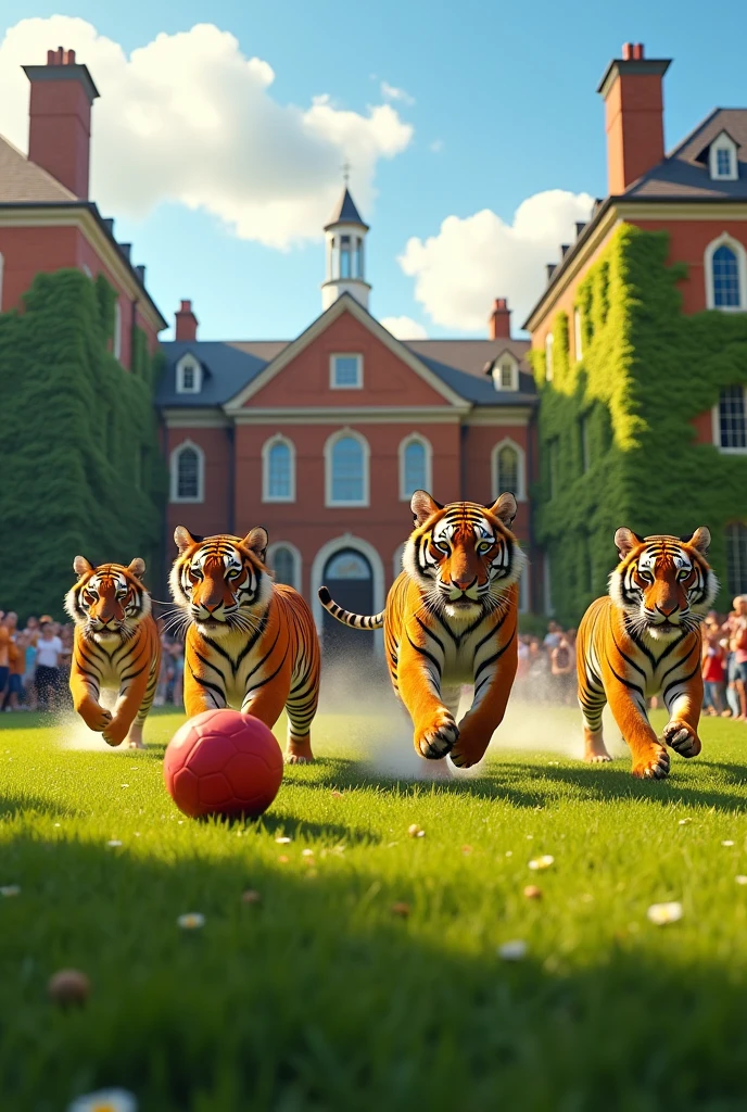 Make a group of tigers playing ball on a college field