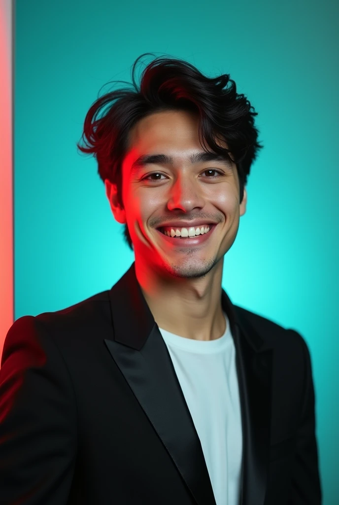 A young man with dark hair and a confident smile. He is dressed in a black blazer over a white shirt. The man is positioned against aqua colour backdrop with a subtle red lighting on the left side. and he posing for Linkedin profile