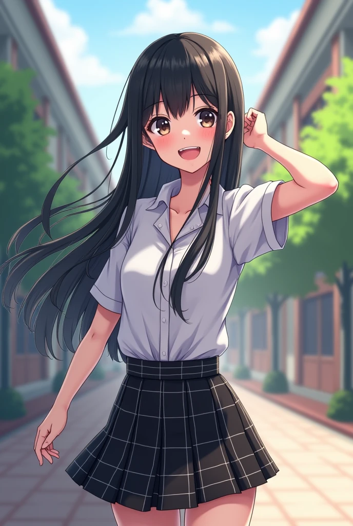 Smiling Japanese high school girl with long straight black hair。Idol。
The uniform is a white shirt。
The miniskirt is checkered and all black.。
The length of the hair is very long。
A painting that looks like a photograph