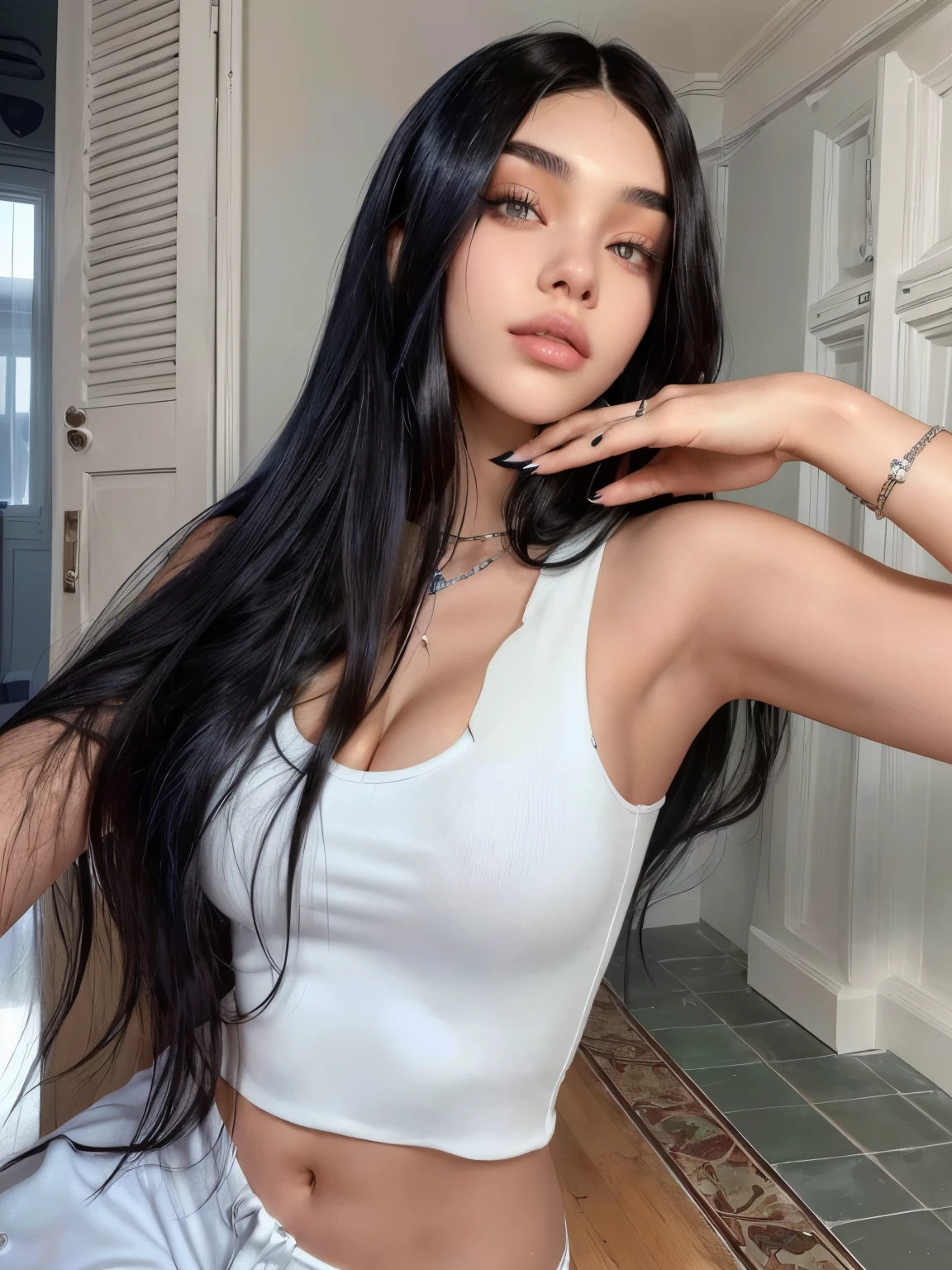 there is a woman posing in a white top and blue shorts, with straight black hair, madison beer, female with long black hair, madison beer girl portrait, with long black hair, with long dark hair, with long hair, soft devil queen madison beer, violet myers, straight hairstyle, young woman with long dark hair, her hair is long and straight, instagram model