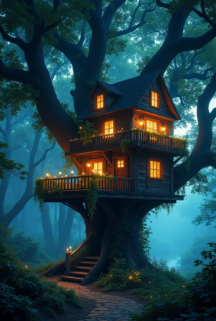 Giant tree house with a magical barrier in a dark forest