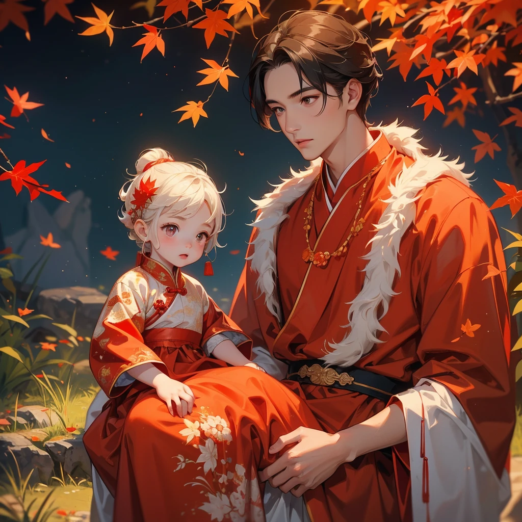 A one-year-old baby boy in red ancient Chinese baby costume with his beautiful mother, dressed in an ancient Chinese costume, The backdrop is a mountain that turns orange-red in spring, and maple leaves fall from the trees, playing with each other, with his handsome father standing next to his mother, close up
