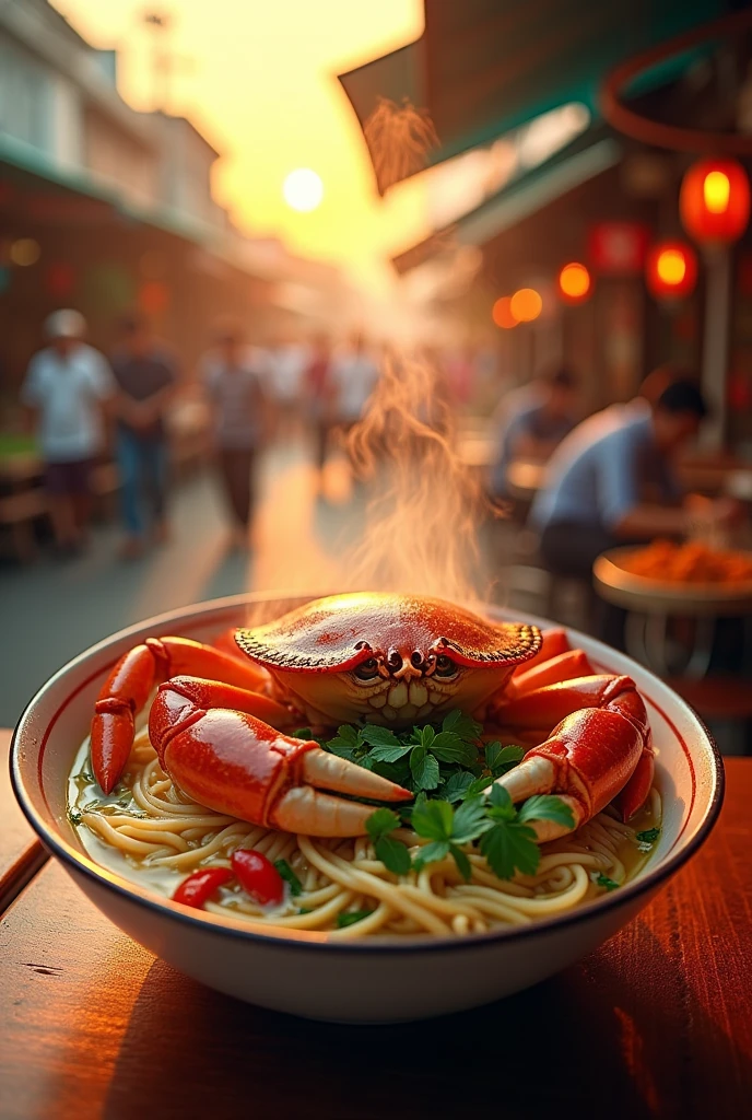 Draw a picture of Vung Tau crab noodle soup with a big crab