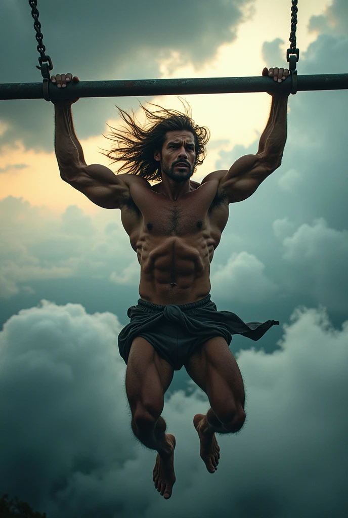 man hanging on bar at very high place, strong wind, windy day, dramatic lighting, low angle view, ultra-detailed, (best quality,4k,8k,highres,masterpiece:1.2),ultra-detailed,(realistic,photorealistic,photo-realistic:1.37),hyper-detailed, cinematic, moody atmosphere, dramatic lighting, vibrant colors, chiaroscuro lighting, muscular male physique, gripping hands, intense expression, wind blowing hair and clothes, vast sky in background, low clouds moving quickly