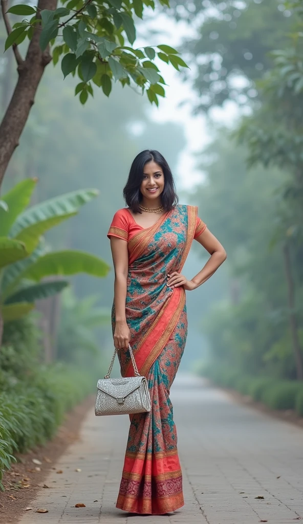 Female 33 who looks like actress Sunny Leone, bob cut hair, gorgeous saree and purse, full length body photograph, looking straight at the camera, big cute smile, sexy figure, full body length photo inducing her feet. 