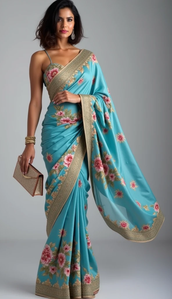 Female 33 who looks like actress Sunny Leone, bob cut hair, gorgeous saree and purse, full length body photograph, looking straight at the camera, big cute smile, sexy figure, full body length photo inducing her feet. 