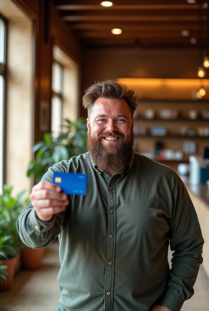 rustic man, stocky and hairy, smiling, showing a blue credit card, inside a bank branch.