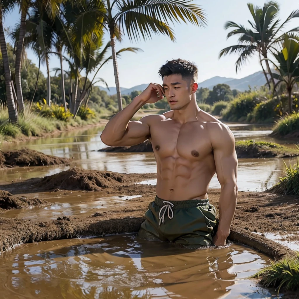 photorealistic, shirtless muscular man, sinks in a mud pit down to his shoulders,