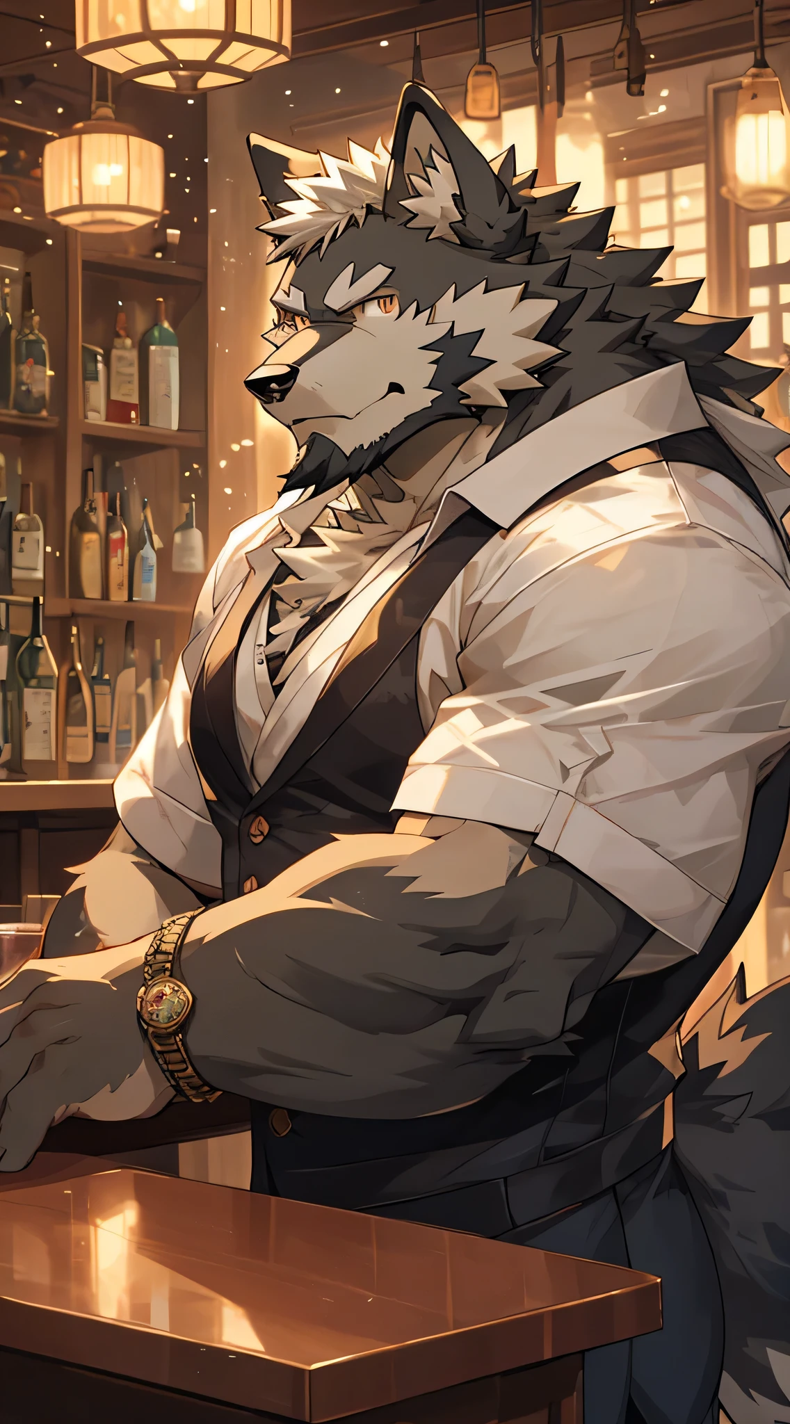 masterpiece, best quality, 8K resolution, Very detailed, hairy, Perfect anatomical structure, Light Particles,black Wolf, solitary, Vertical pupil,Eye, Strong, (Eye anthro wolf):1.3, (Black fur 1.4), White belly, Fur, Delicate Eye, Wolf tail, ((portrait)), , (Delicate Eye, 金Eye, Bright Eye):1.1, The Art of Mathematics, masterpiece, Anime style, shabby, muscular, uncle, Messy beard, middle aged, old, pub, pubtender