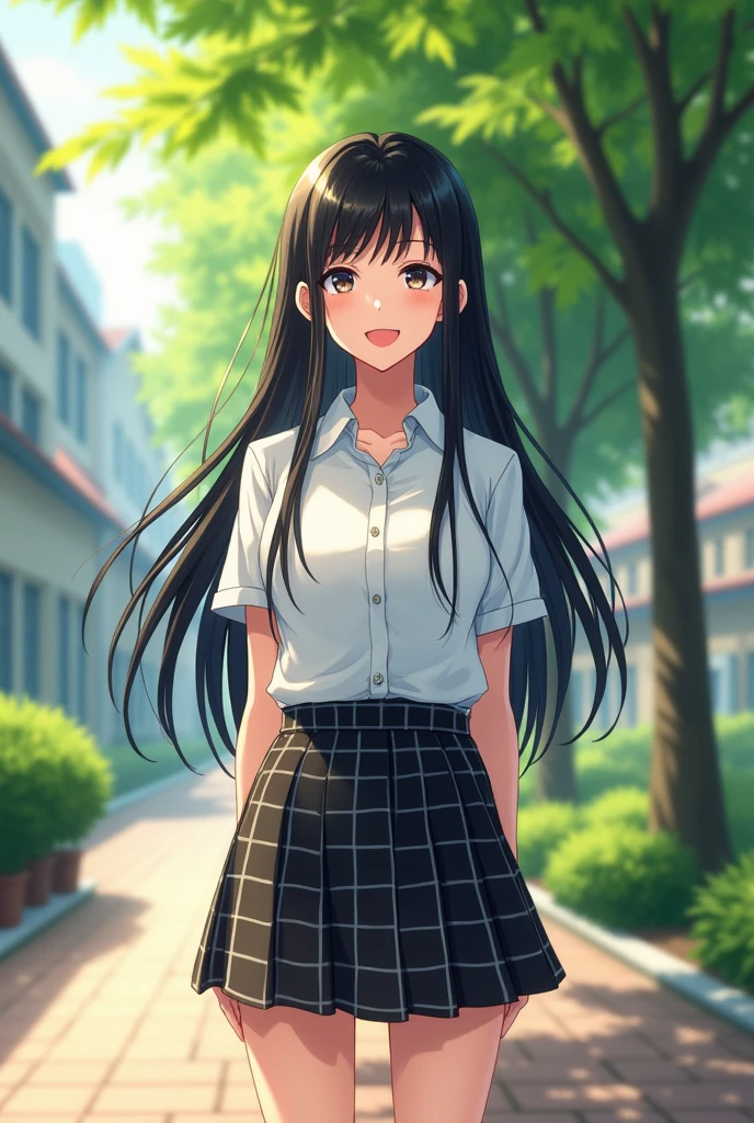 Smiling Japanese high school girl with long straight black hair。Masami Nagasawa's uniform is a white shirt。
The miniskirt is checkered and all black.。
The length of the hair is very long。
A painting that looks like a photograph