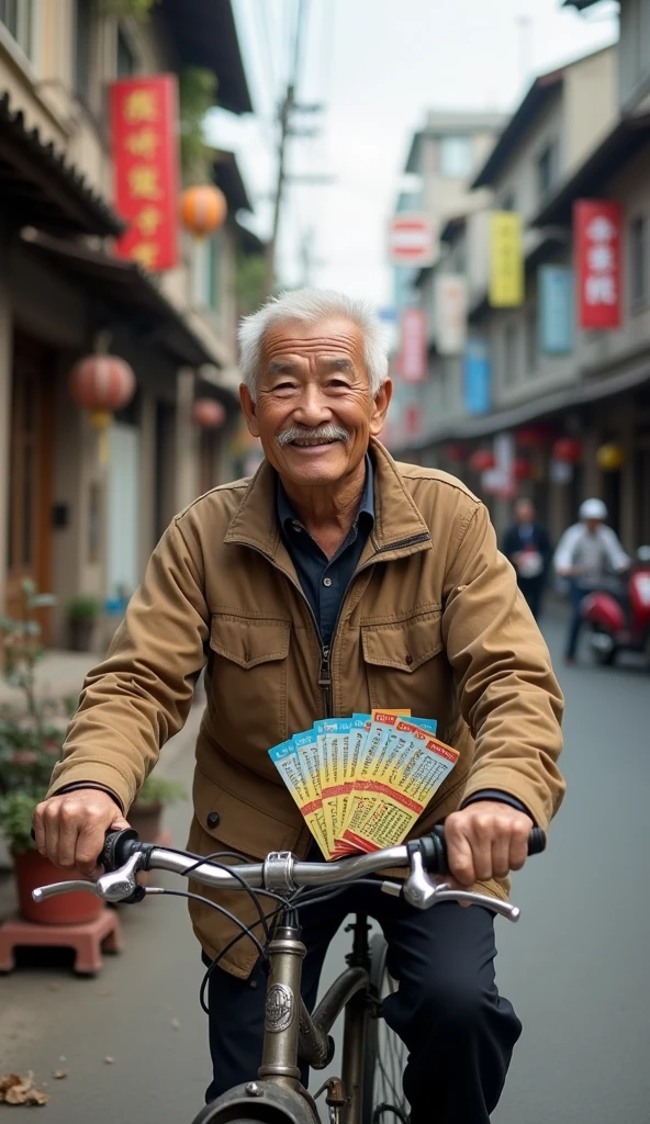 
Mr. Tu is over 60 years old., gentle face, tan, with mischievous little eyes and a thin silver mustache. His hair was white, cut short and neat. He always smiles, create a sense of closeness and friendliness.Mr. Tu is an old man riding an old bike., hand holding lottery tickets, walk through the alleys of town. He sells lottery tickets but is always happy., tell jokes to buyers, make everyone love.