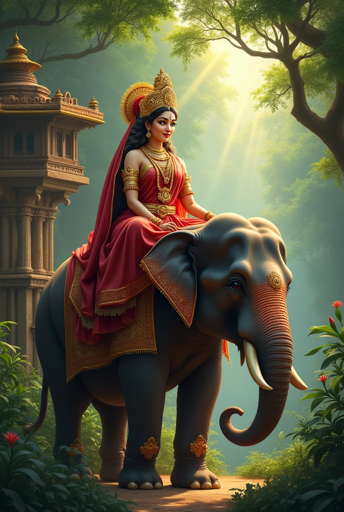 One goddess image who sit on elephant in right side and elephant normally sit in forest 

