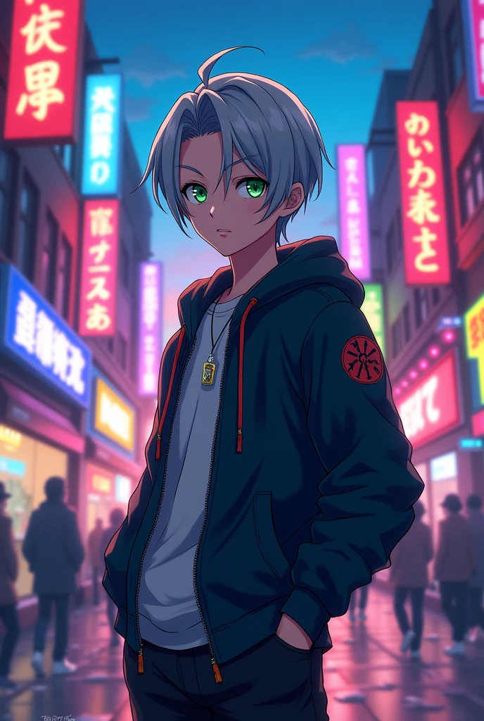 a 20 year old boy with gray hair and green eyes anime