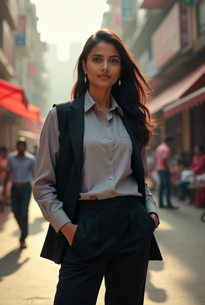 Women uniform with black pants grey full sleeve shirt and black waist coat the dress must be loose fit the waist coat must be buttoned and Indian girl