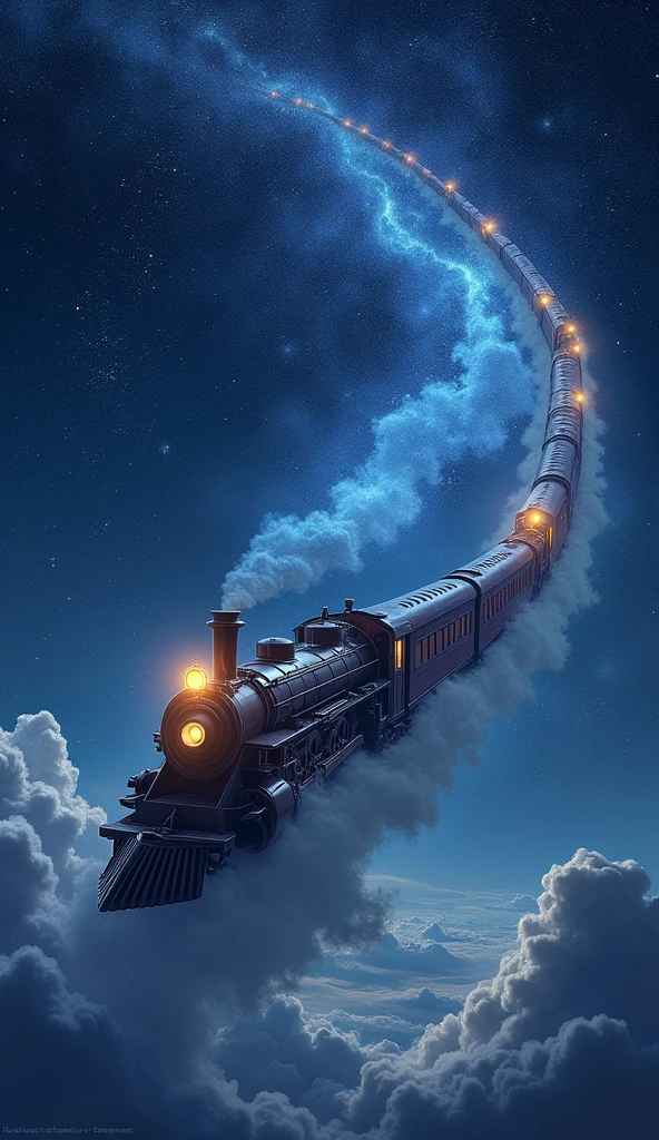 Super realistic illustration, Fantasy art, The steam locomotive leading the long train winds like a dragon and soars into the starry sky. Countless stars are drawn in the background and a small Earth is drawn at the bottom. "The Galaxy Express"