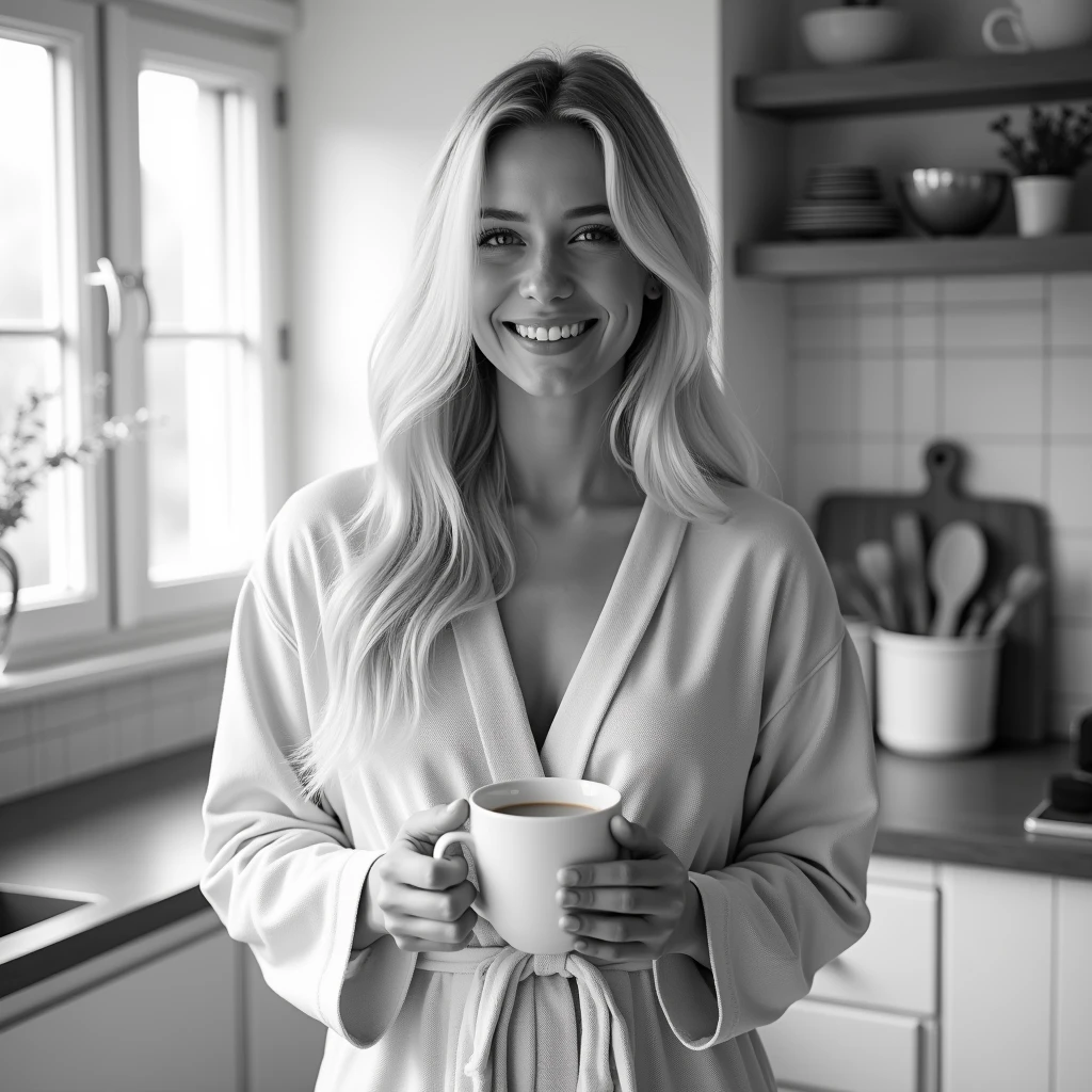 The image portrays a young woman in a relaxed and cheerful morning setting. She stands in a kitchen, holding a mug with both hands, dressed in a lightweight, loosely tied robe that suggests a casual, comfortable start to the day. Her platinum blond hair is long and wavy, cascading freely down her shoulders, enhancing her carefree and contented expression. Her smile is gentle and welcoming, adding warmth to the black-and-white composition. The background, slightly blurred, shows a tidy kitchen environment, emphasizing her as the focal point of the photograph. This scene beautifully captures a moment of simple joy and tranquility, perfect for themes related to morning routines, self-care, or the pleasure of a slow start to the day