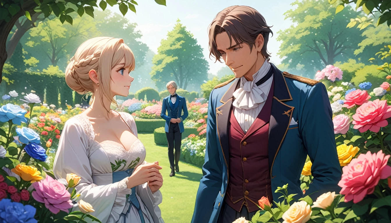 2person, 1girl and 1boy, elfs, middle aged couple, aristocratic looking, in the garden, many flowers