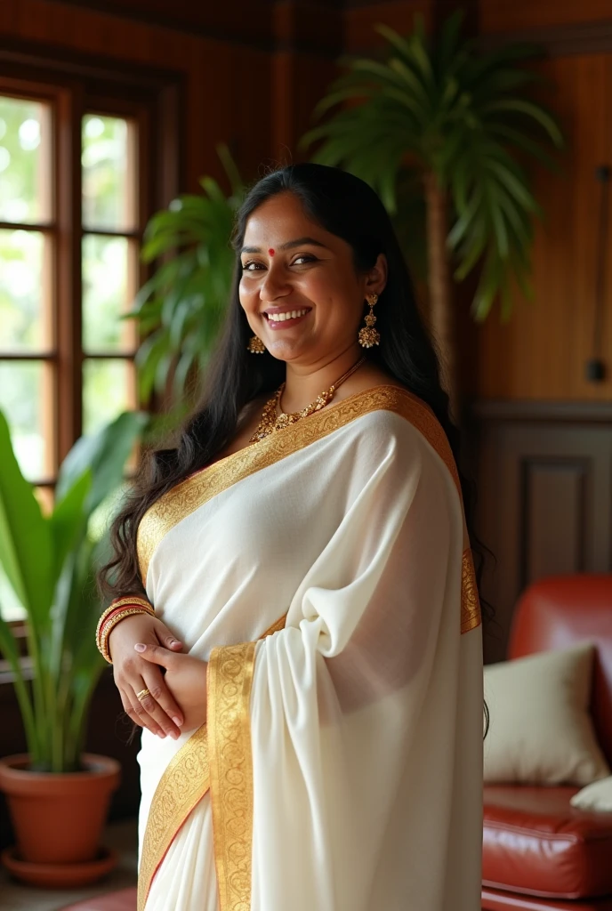 Indian chubby curvy female white fair skintone wearing kerala white kasavu saree in kerala home living room. Realistic image.Closeup.