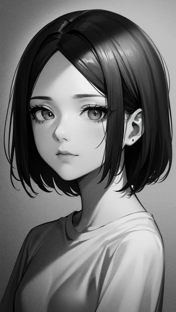 1 woman, alone, monochrome, grayscale, black short hair, portrait, t-shirt, closed mouth, looking at viewer, sketch, graphite \(middle\), small lips, hatching \(group\), Without makeup, upper body, (best illustration), (best quality), (very detailed), (masterpiece), forehead, Woman in her 20s, small eyes, 