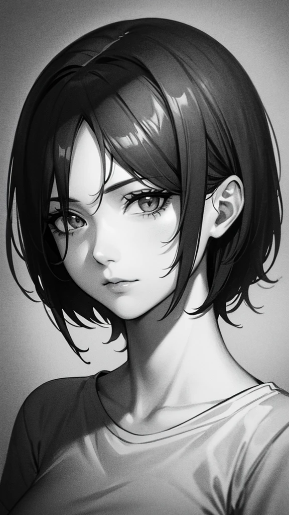 1 woman, alone, monochrome, grayscale, black short hair, portrait, t-shirt, closed mouth, looking at viewer, sketch, graphite \(middle\), small lips, hatching \(group\), Without makeup, upper body, (best illustration), (best quality), (very detailed), (masterpiece), forehead, Woman in her 20s, small eyes, 