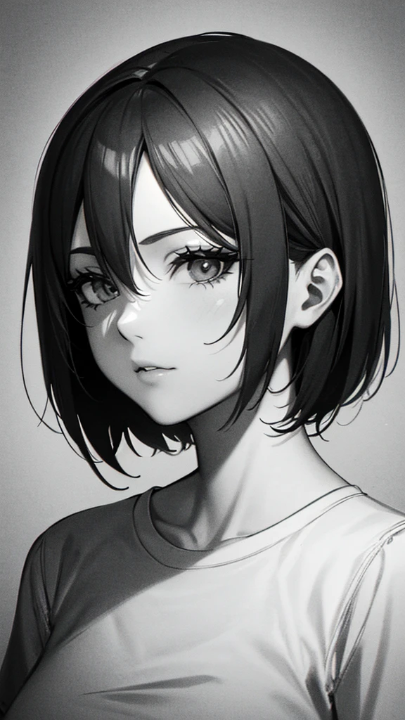 1 woman, alone, monochrome, grayscale, black short hair, portrait, t-shirt, closed mouth, looking at viewer, sketch, graphite \(middle\), small lips, hatching \(group\), Without makeup, upper body, (best illustration), (best quality), (very detailed), (masterpiece), forehead, Woman in her 20s, small eyes,