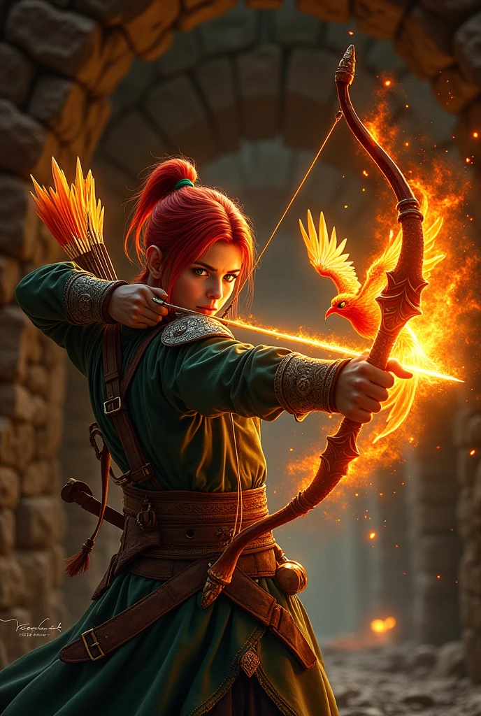 Red-haired medieval warrior using a magical fire bow. Fire quiver with a phoenix flying around him in a tunnel.