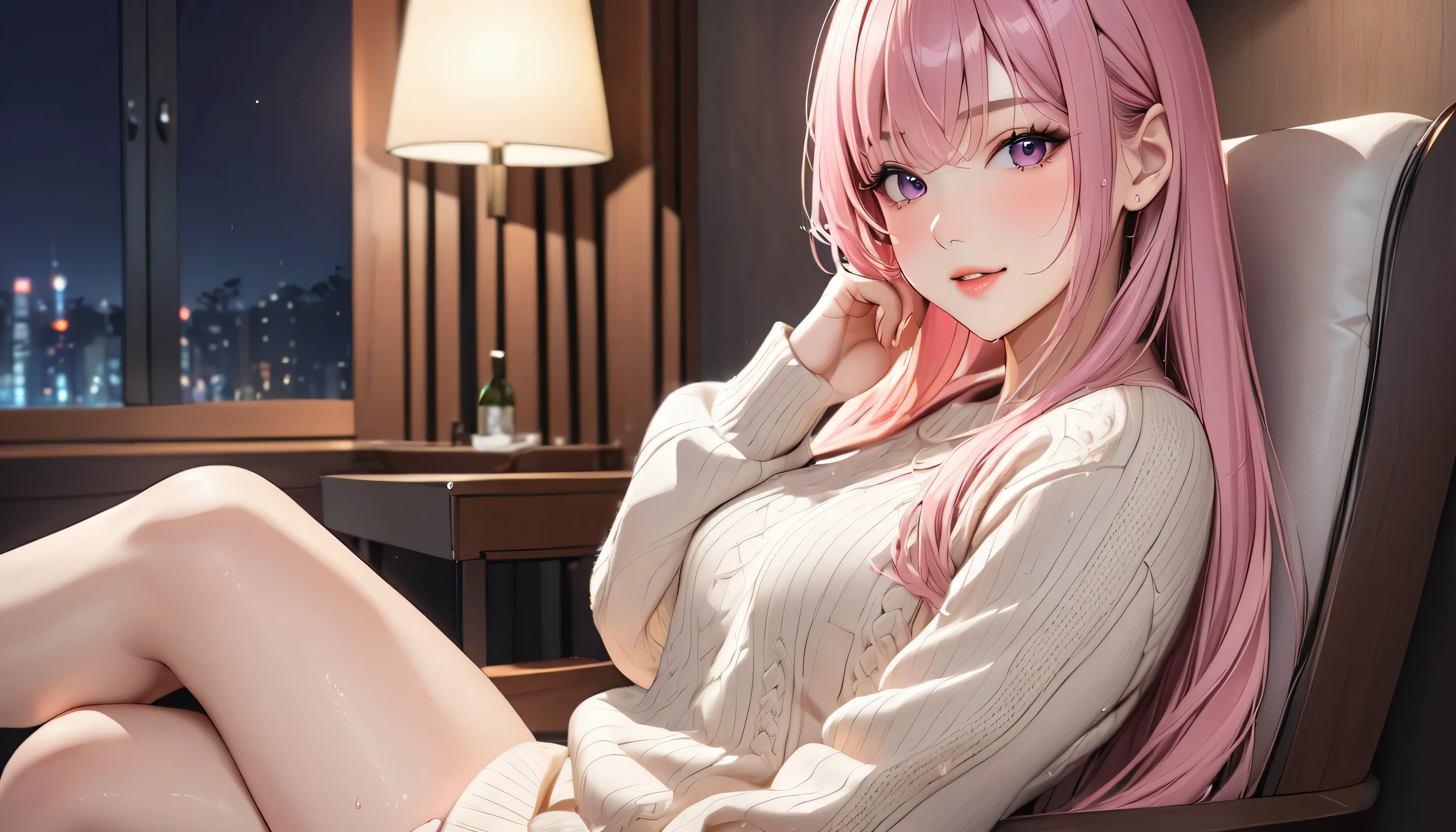 1 girl, (masterpiece,highest quality,超A high resolution), (((Very beautiful 25 year old girl))), look at the photographer、 ((beautiful long hair)), super cute face, glossy lips, double eyelids in both eyes,natural smile、 natural makeup, long eyelashes, Shiny and smooth dark light pink hair、perfect limbs, perfect anatomy,(((comfy sweater)))、sit in the chair, at the night ,(wet with sweat),,turn around and look back,See-through