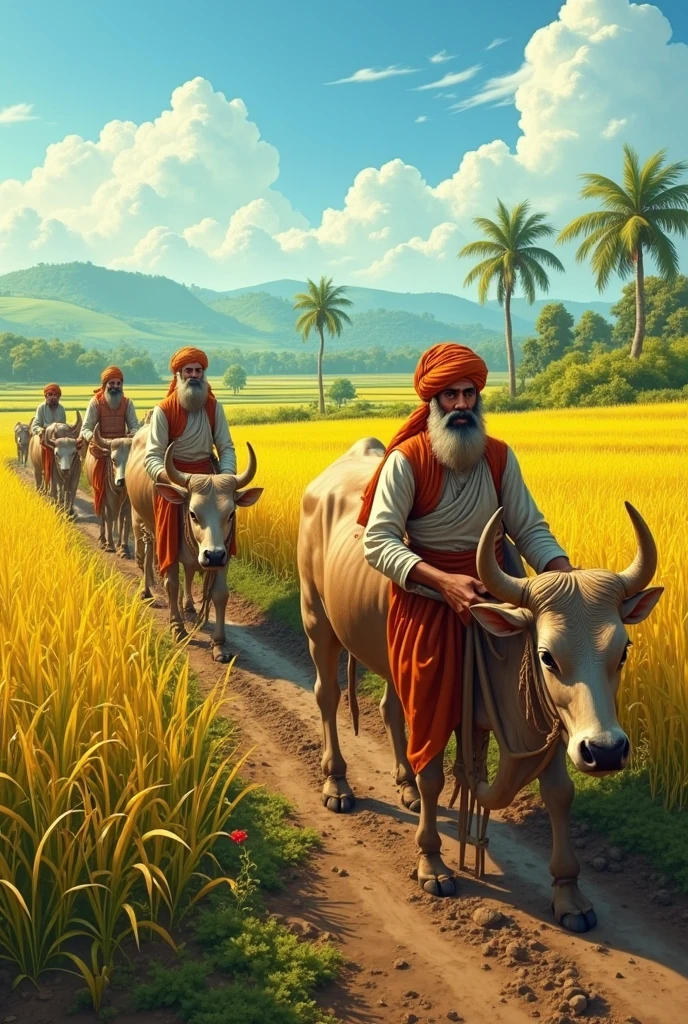 Scene: Farmers ploughing, reaping paddy. Period: Medieval India