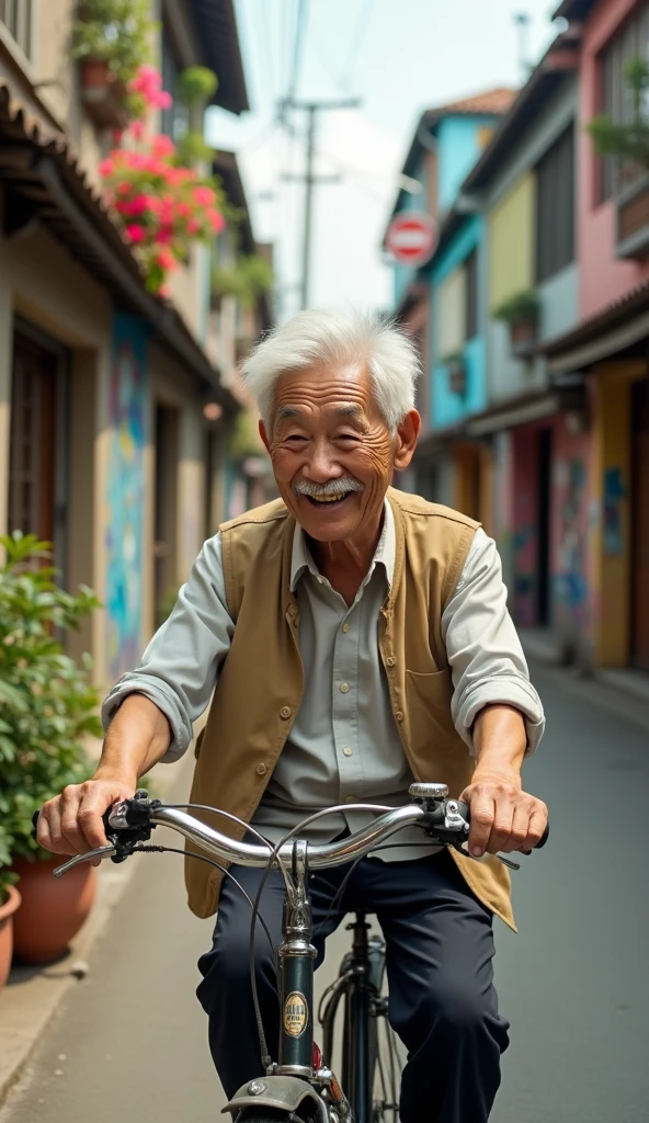 
Mr. Tu is over 60 years old., gentle face, tan, with mischievous little eyes and a thin silver mustache. His hair was white, cut short and neat. He always smiles, create a sense of closeness and friendliness.Mr. Tu is an old man riding an old bike., hand holding lottery tickets, walk through the alleys of town. He sells lottery tickets but is always happy., tell jokes to buyers, make everyone love.