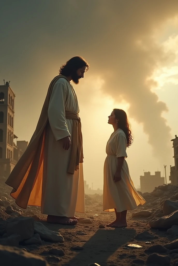 In a extremely war place that has world fighting with her
Jesus is protecting a women by standing back of her