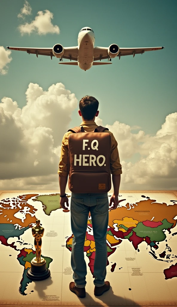 A stylish man standing on the world map. The back of the boy is visible. There is a bag pack on his back. Word "F.Q HERO" is written on the bag. There is an Oscar on his target. A plane is also in the background. A realistic, aesthetic poster.