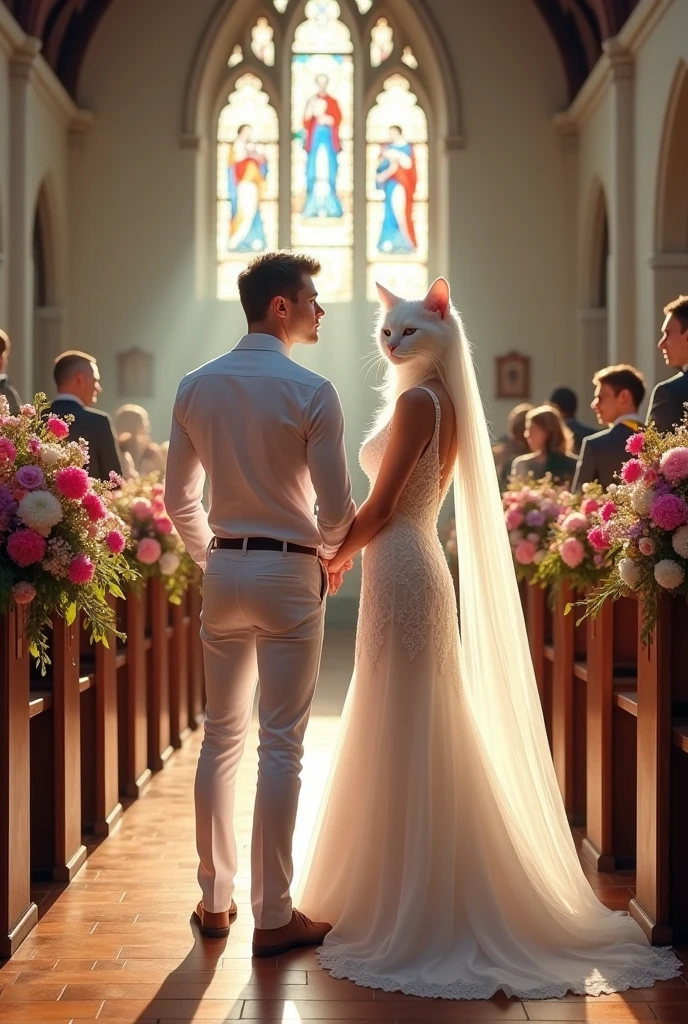 A tall white cat  dressed in white shirt and white  jeans  marries a  a tall beautiful white cat dressed in full length marriage  Maxie in church decorated with flowers 