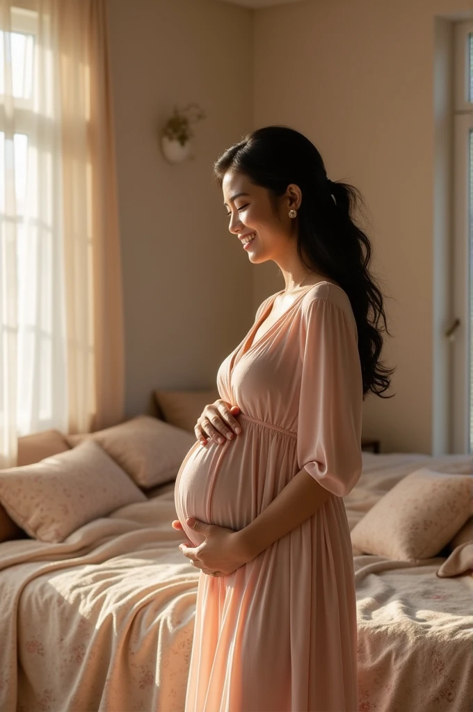 Indonesian woman aged 23, 5 months pregnant, bedroom background