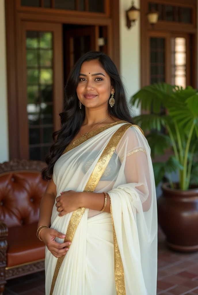 Indian chubby curvy young female white fair skintone wearing kerala white kasavu saree in kerala home living room. Realistic image.Closeup.