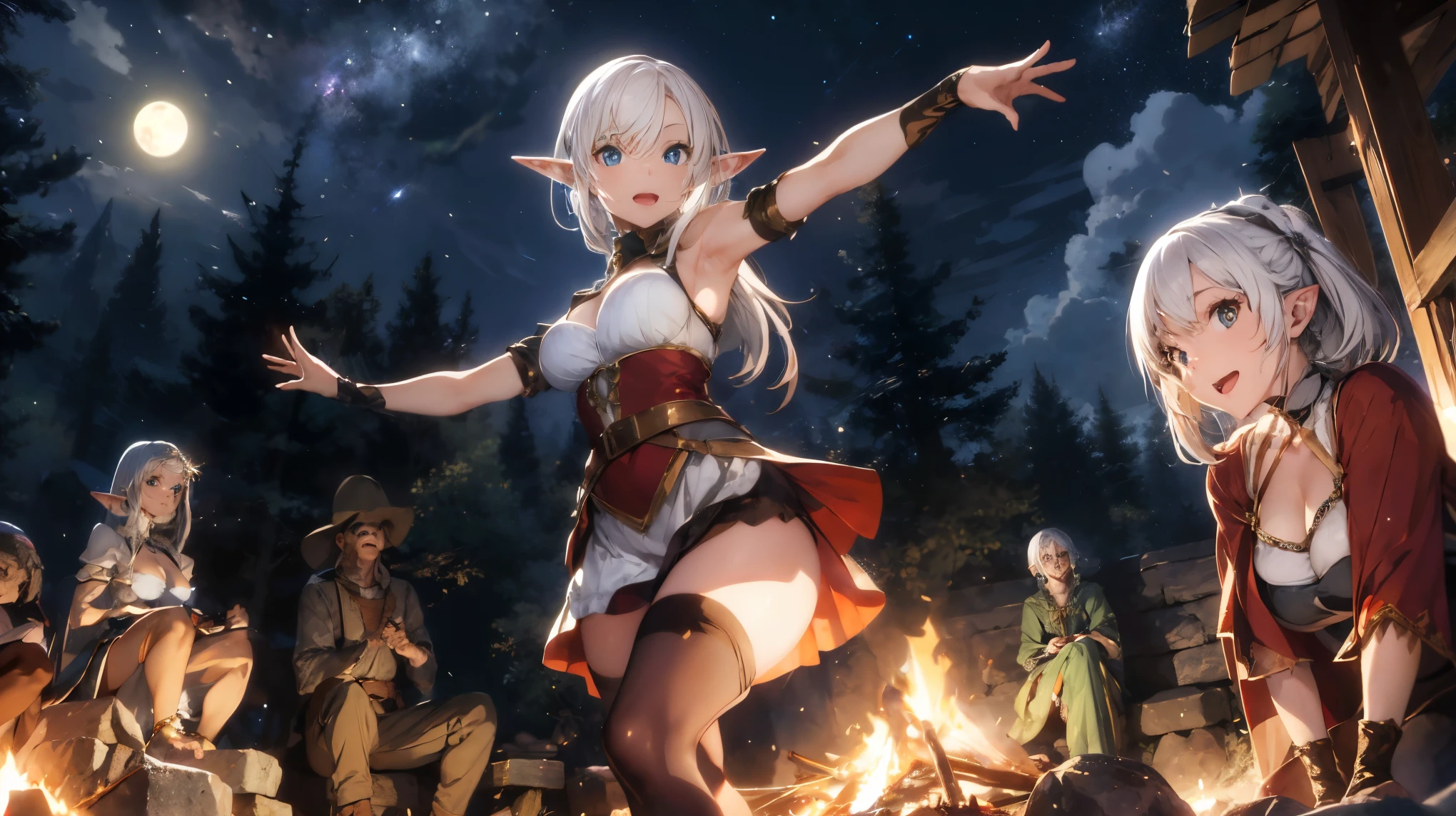 sexy elf woman with white hair, wearing medieval dress having fun dancing around the campfire with crowd under the moon light at the center of medieval forest at midnight.
