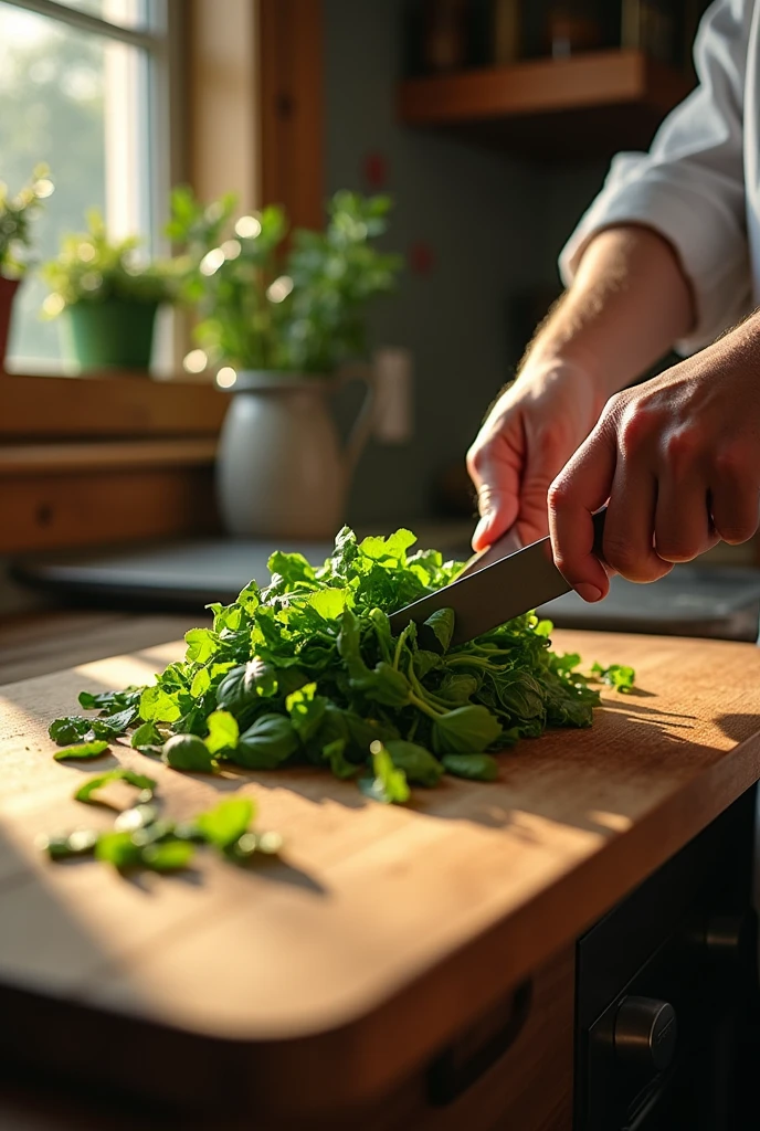 Draw a hand cutting a head of green mustard greens using a knife on a kitchen chopping board in first person perspective.