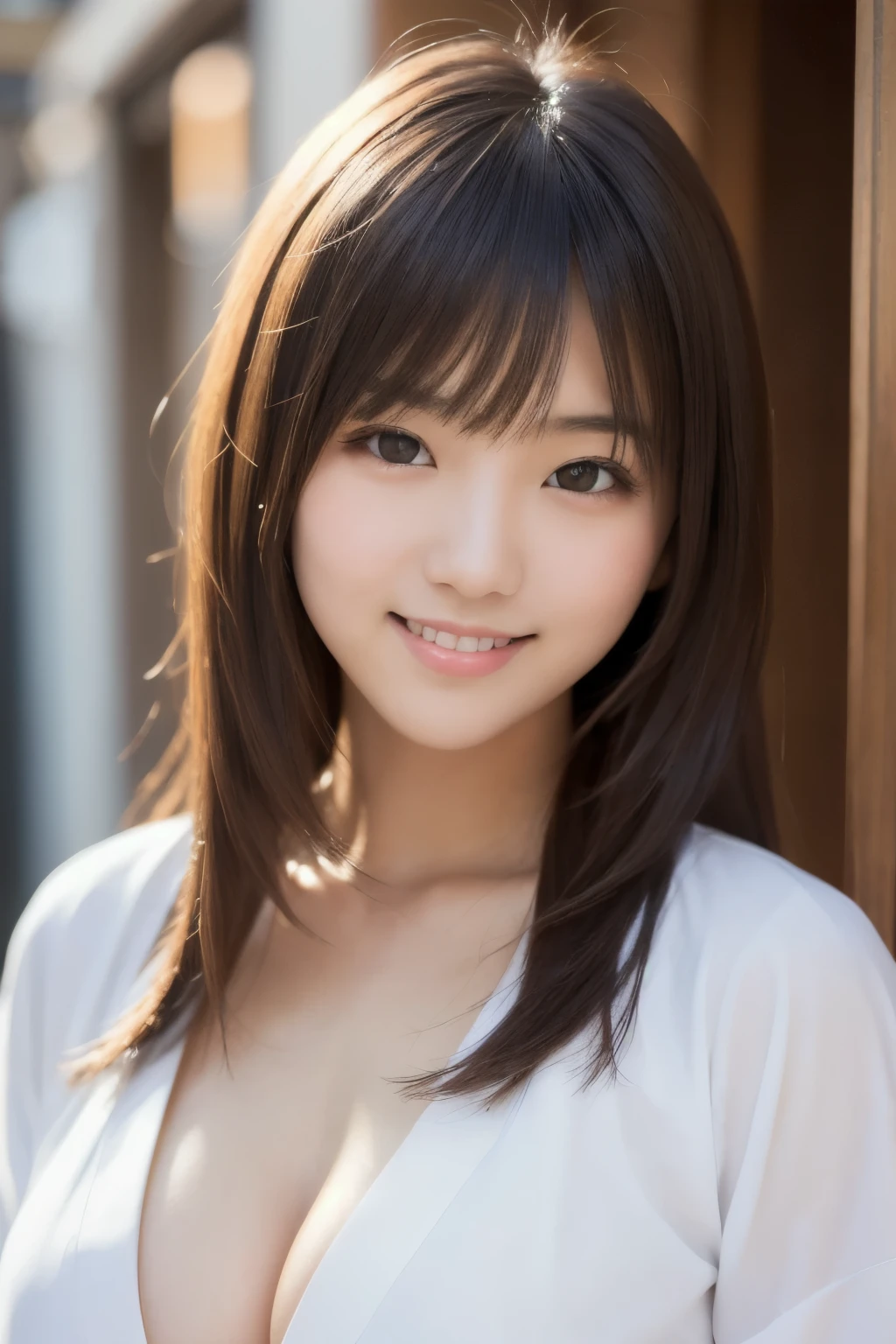 best quality, face focus, soft light, ultra high res, (photorealistic:1.4), RAW photo,(Shinozaki Ai), white skin, kawaii, 1 Japanese girl, solo, cute, (smile), (pupil, lights in the eyes),  detailed beautiful face, Medium-sized breasts,(high resolution detail of human skin texture),(long hair),(portrait), upper body, white traditional kimono