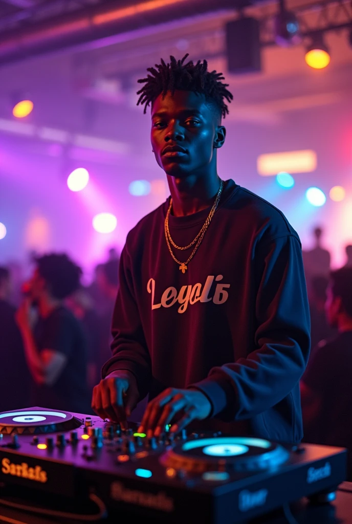 A 23 year old dark-skinned guy with a sweatshirt playing rx dj with straight hair and motilados on the sides under