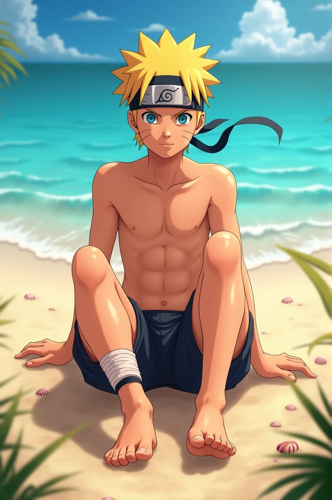 Detailed HD realistic animation image of Naruto Uzumaki's bare feet sitting on the beach, shirtless full body. To be seen from the front, with details of light and shadow, showing the soles of her feet