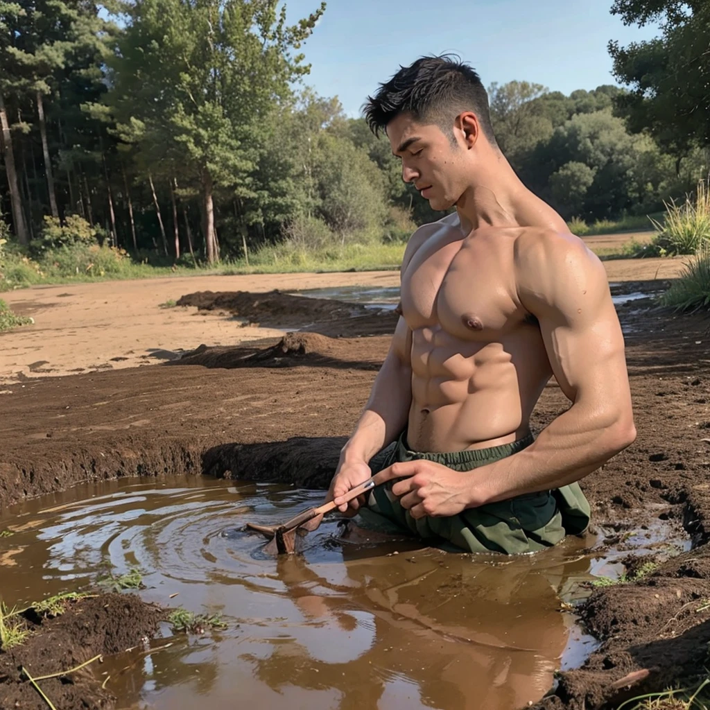 photorealistic, shirtless muscular man, sinks in a mud pit down to his shoulders,