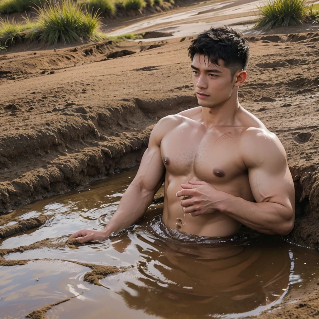 photorealistic, shirtless muscular man, sinks in a mud pit down to his shoulders,