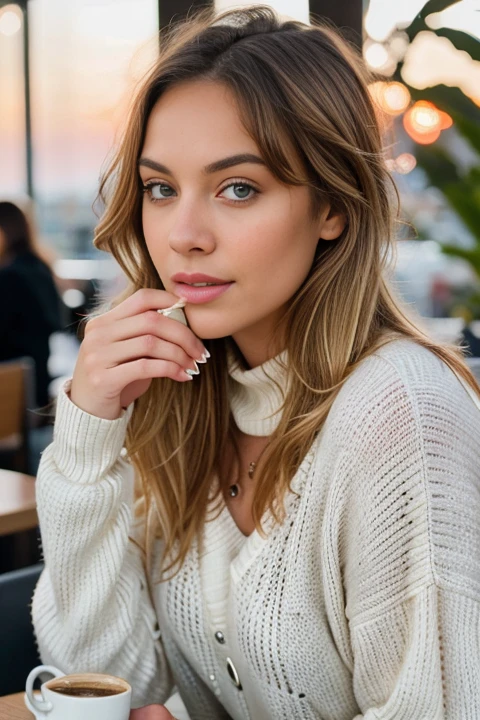 cute beautiful blonde wearing black sweater (drinking coffee inside a modern cafe at sunset), very detailed, 20 years old, inoccent face, natural wave hair, blue eyes, high-res, masterpiece, best quality,intricate details, highly detailed,sharp focus, detailed skin,realistic skin texture,texture, detailed eyes, professional, 4k, charmer smile, shot on Canon, 85mm,shallow depth of field,kodak vision color, perfect fit body, extremely detailed, photo_\(ultra\), photorealistic, realistic, post-processing, max detail, roughness, real life, ultra realistic, photorealism, photography, 8k uhd, photography