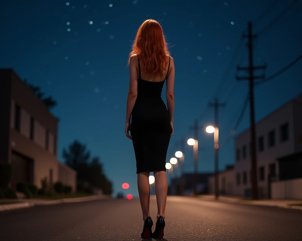 full body photo, beautiful redhead, 25 years old, wearing a black pencil dress standing, hourglass figure, Christian Louboutin shoes, posing on an empty street, night sky, clipping light behind the model, ultra realistic photography, studio photography, 32k, ultra quality
