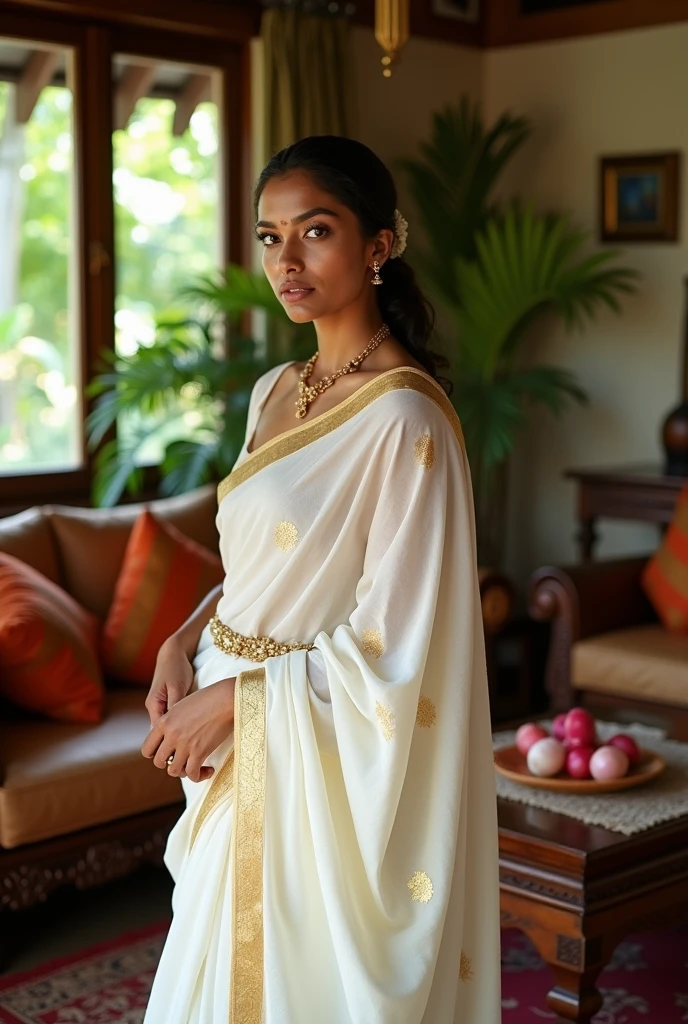 Indian curvy young female white fair skintone wearing kerala white kasavu saree in kerala home living room. Realistic image.Closeup.
