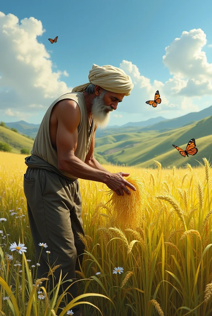 A realistic image of a modern. A poor islamic old man is harvesting his paddy