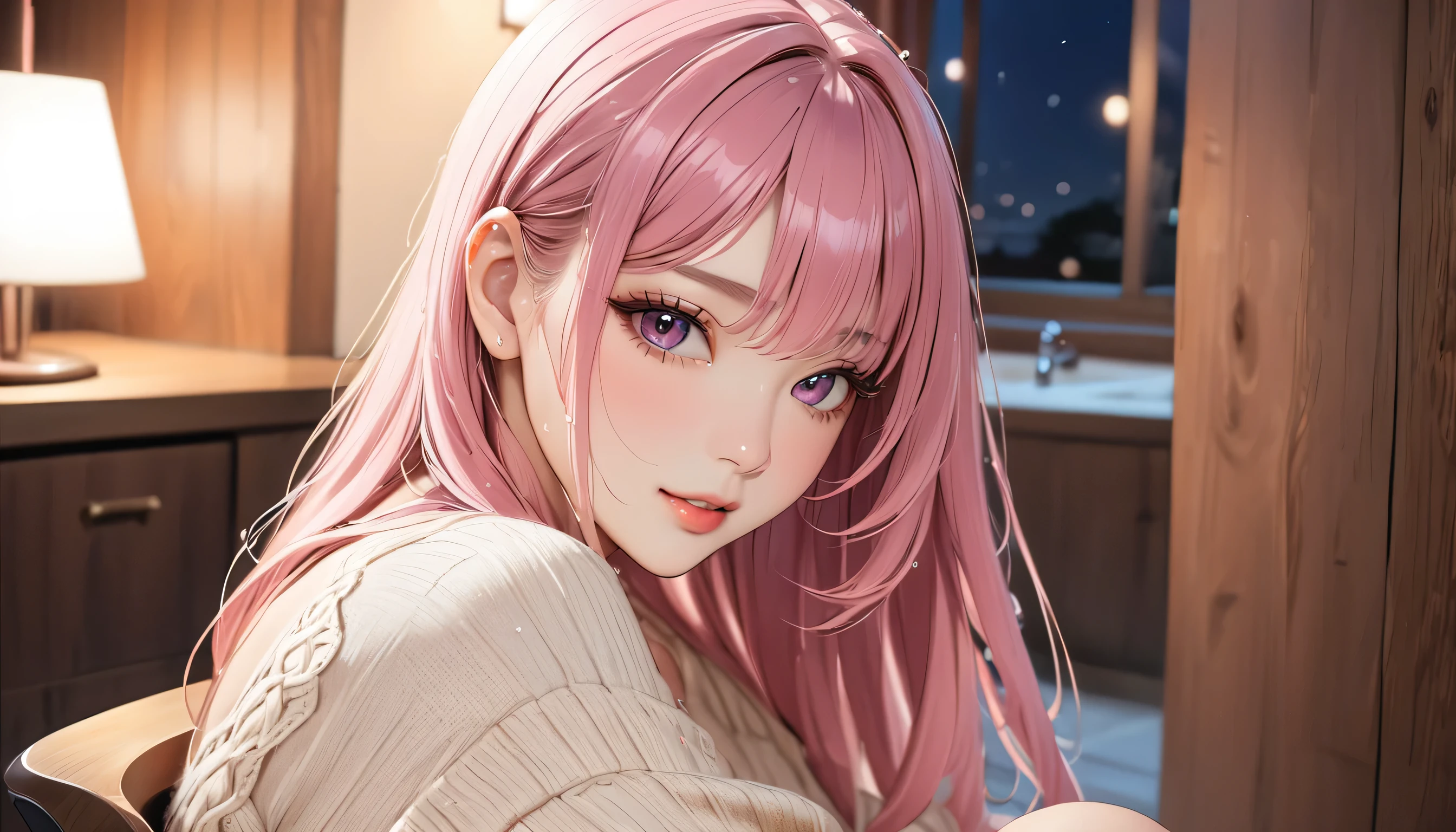 1 girl, (masterpiece,highest quality,超A high resolution), (((Very beautiful 25 year old girl))), look at the photographer、 ((beautiful long hair)), super cute face, glossy lips, double eyelids in both eyes,natural smile、 natural makeup, long eyelashes, Shiny and smooth dark light pink hair、perfect limbs, perfect anatomy,(((comfy sweater)))、sit in the chair, at the night ,(wet with sweat),,turn around and look back,See-through